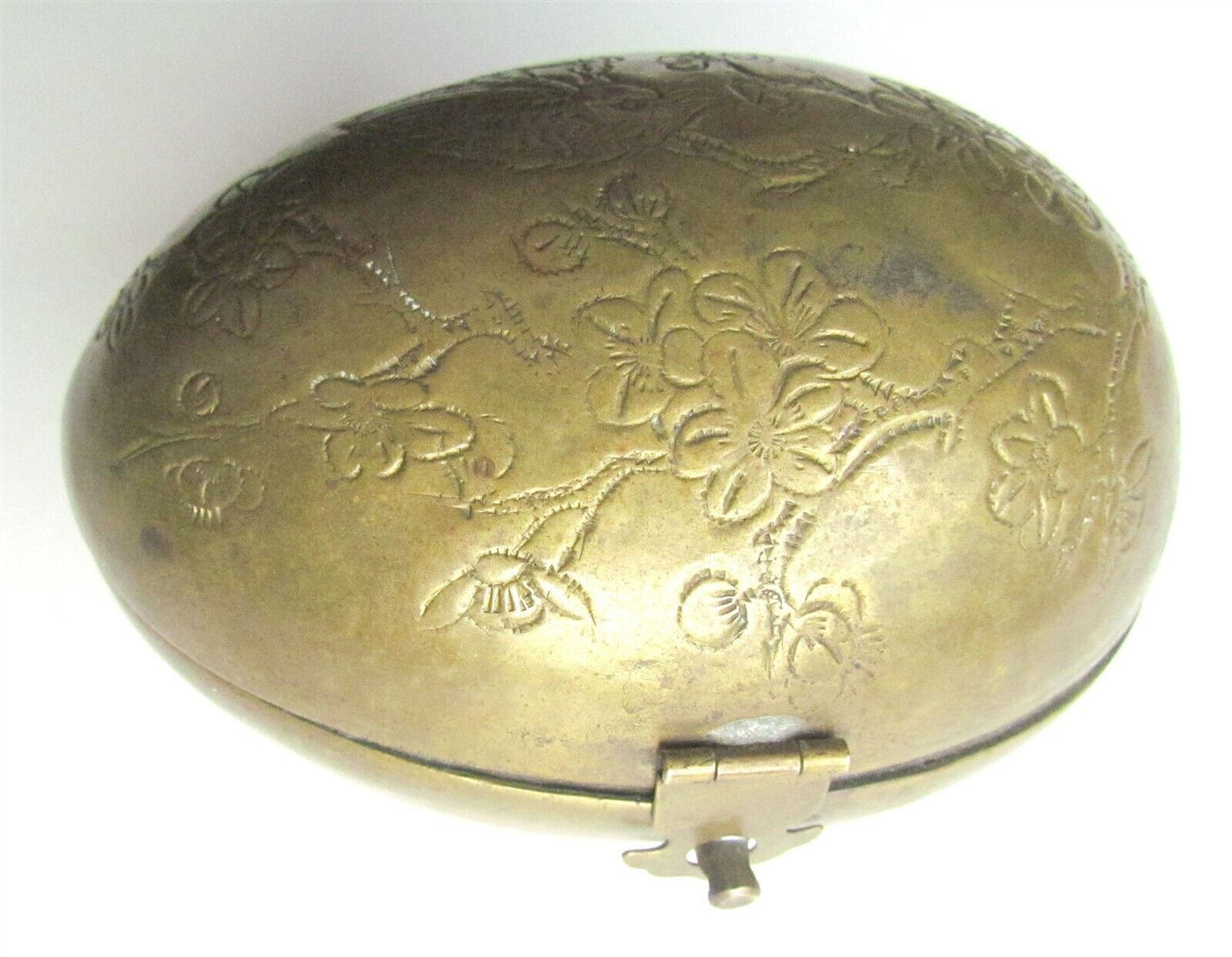 HONG KONG MADE VINTAGE BRASS EGG SHAPE CONTAINER marked box BIRD DESIGN