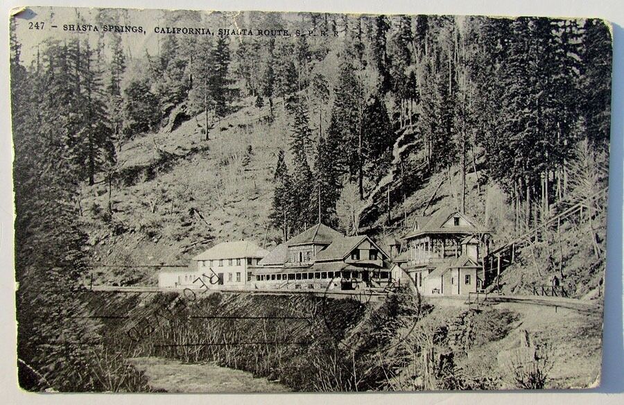 VINTAGE 1908 POSTCARD SHASTA SPRINGS CA S.P.R.R. STATION railway railroad train