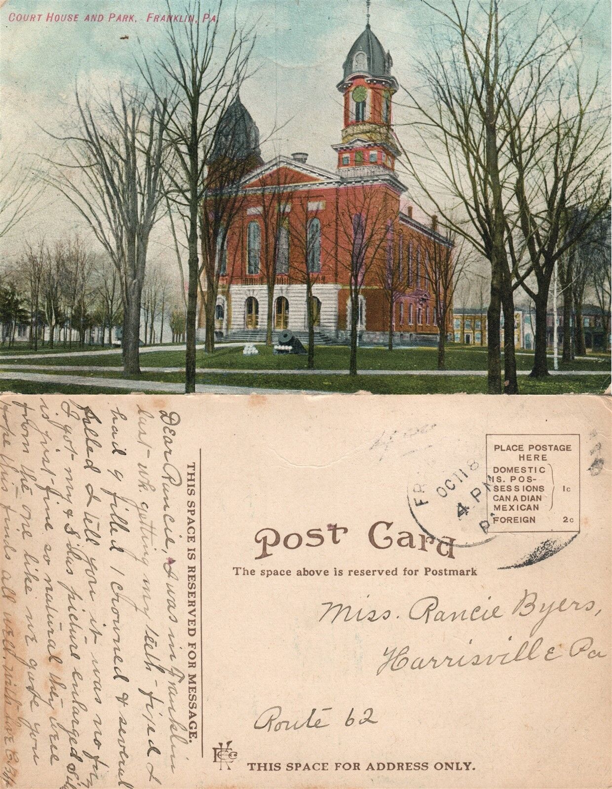 FRANKLIN PA COURT HOUSE & PARK ANTIQUE POSTCARD