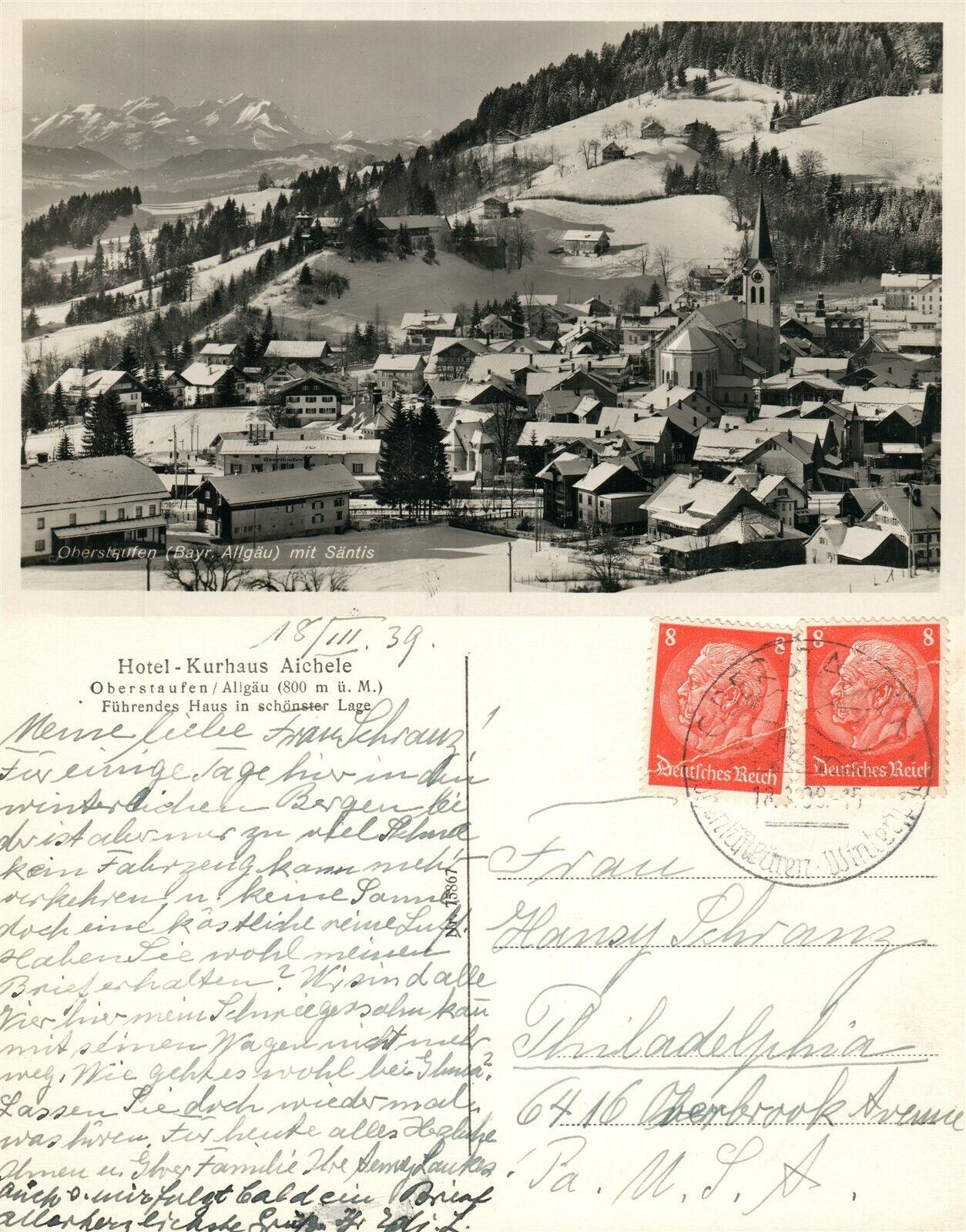 ALLGAU GERMANY HOTEL KURHAUS AICHELE 1939 VINTAGE PHOTO POSTCARD RPPC w/ STAMPS