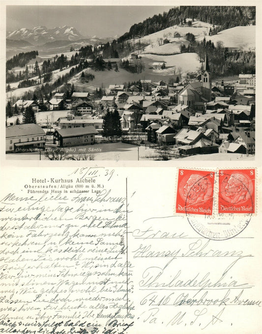 ALLGAU GERMANY HOTEL KURHAUS AICHELE 1939 VINTAGE PHOTO POSTCARD RPPC w/ STAMPS