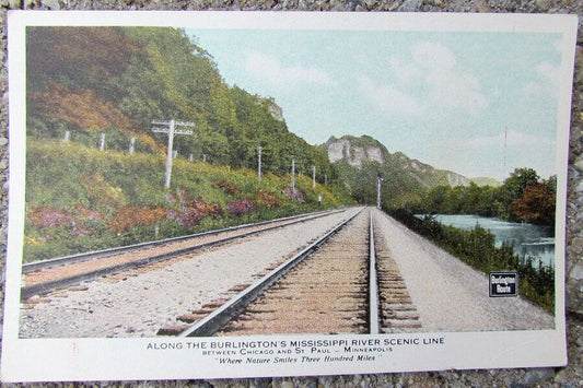 VINTAGE POSTCARD BURLINGTON'S MISSISSIPPI RIVER LINE railway railroad train