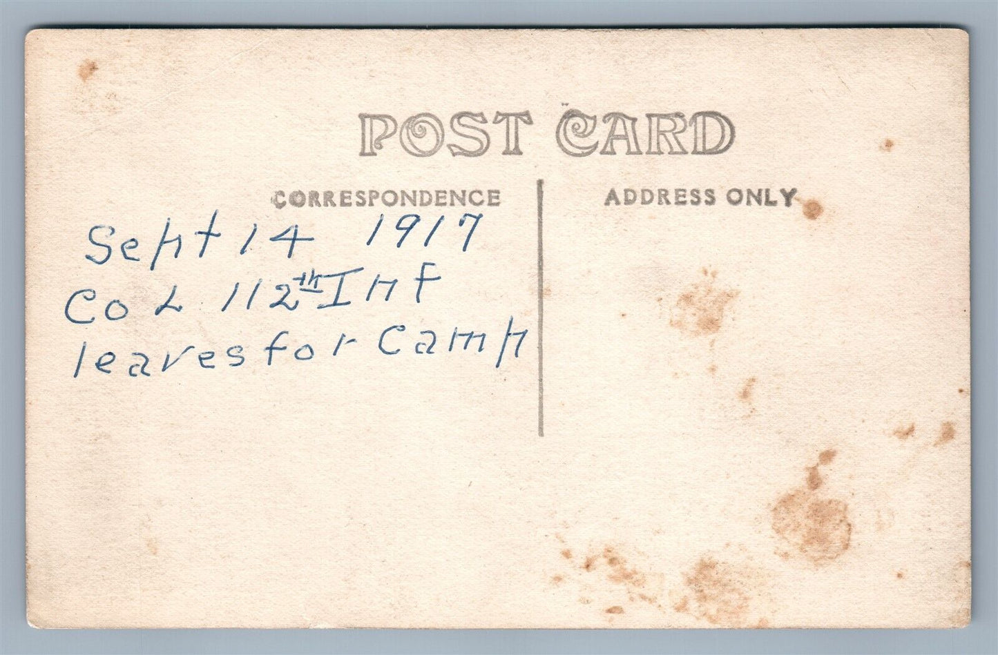 RAILWAY STATION INFANTRY UNIT LEAVES FOR CAMP ANTIQUE REAL PHOTO POSTCARD RPPC