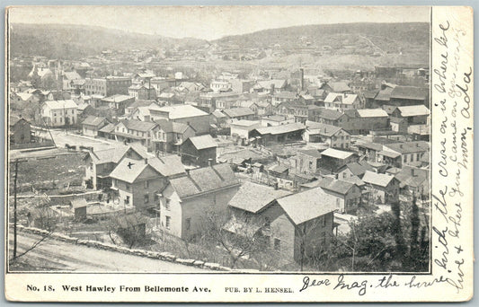 WEST HAWLEY PA VIEW FROM BELLEMONTE AVENUE 1906 ANTIQUE POSTCARD w/ CORK CANCEL