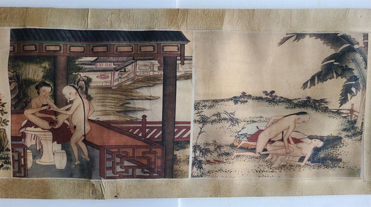 1920s CHINESE EROTIC SCROLL HAND PAINTED vintage SHUNGA 10 by 123"