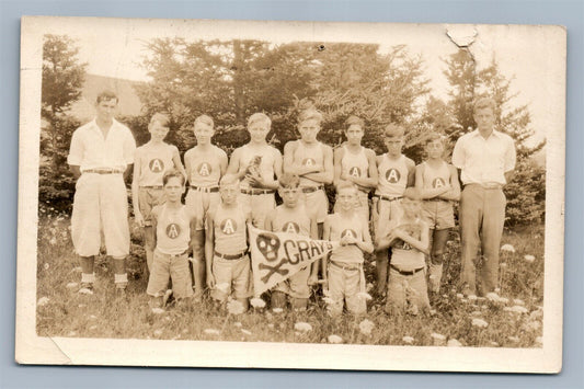 GRAYS SPORT TEAM SKULL w/ BONES PENNANT ANTIQUE REAL PHOTO POSTCARD RPPC