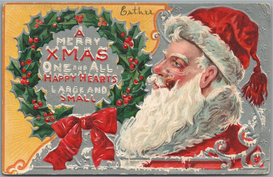 SANTA MERRY CHRISTMAS ONE & ALL HAPPY HEARTS ANTIQUE POSTCARD