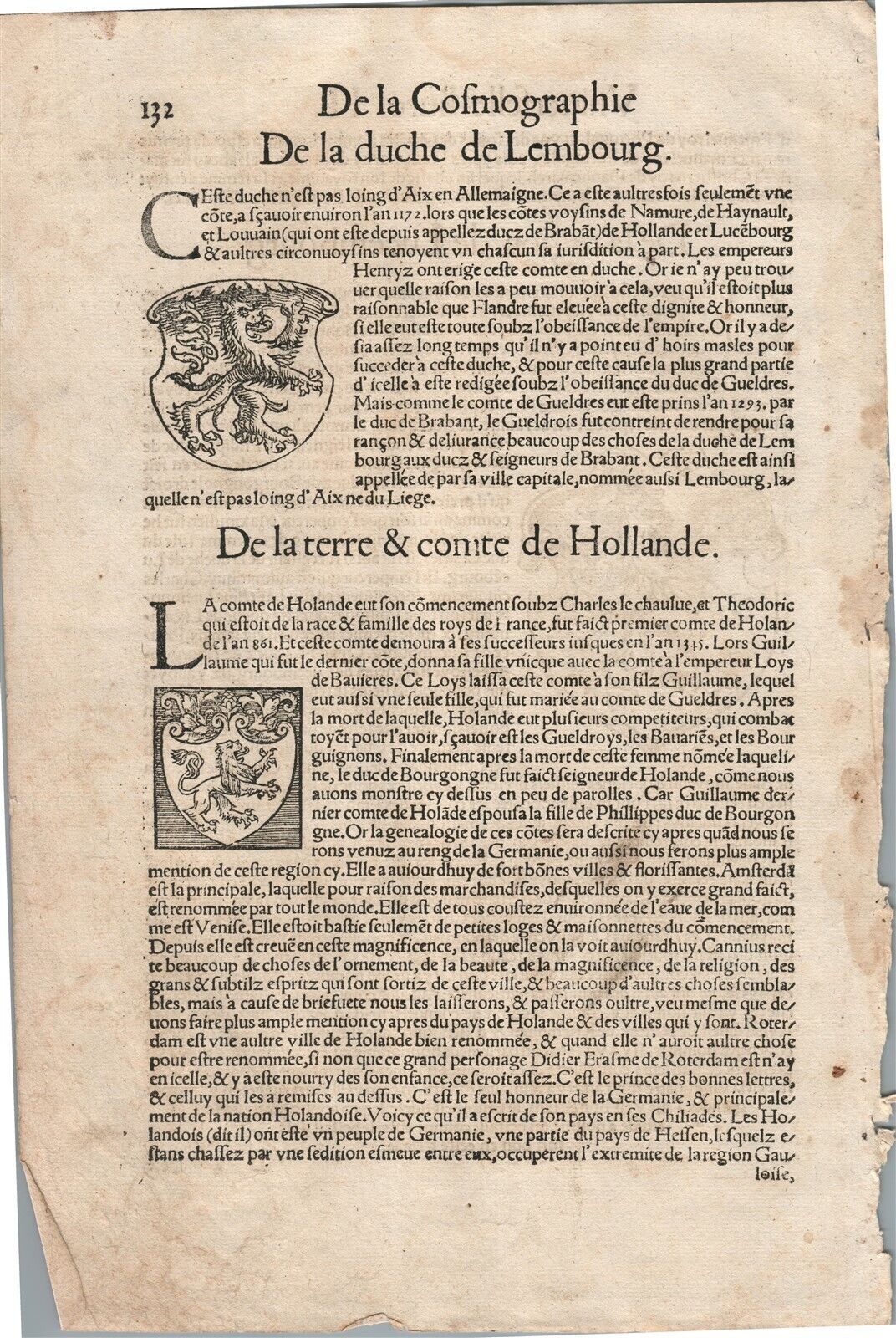 1575 LUXEMBOURG & HOLLAND from BELLEFOREST EDITION of MUNSTER COSMOGRAPHY