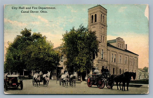 CANAL DOVER OH FIRE DEPARTMENT & CITY HALL 1912 ANTIQUE POSTCARD