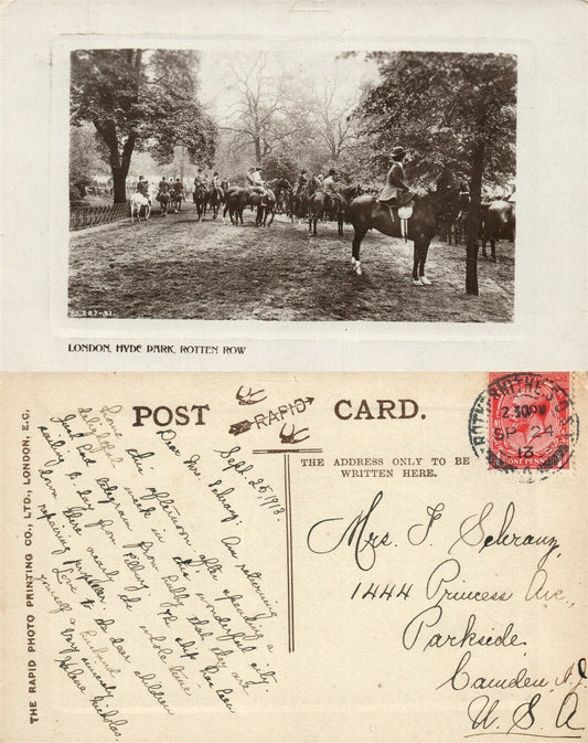 LONDON HYDE PARK ROTTEN ROW HORSEMEN 1913 ANTIQUE PHOTO POSTCARD RPPC w/ STAMP