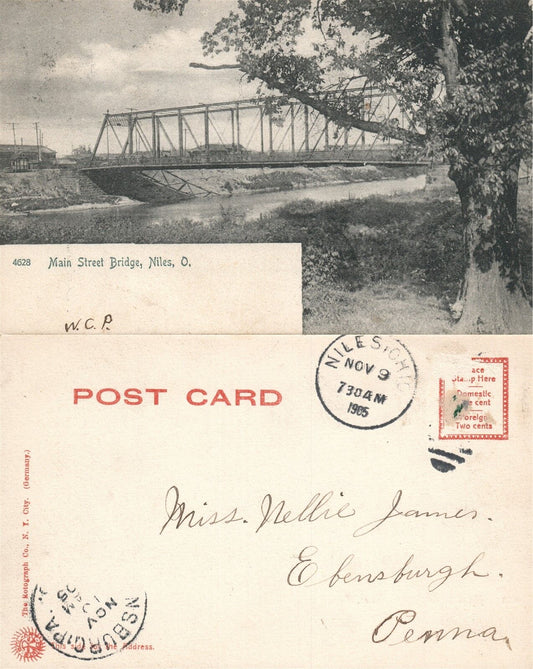 NILES OH MAIN STREET BRIDGE 1905 UNDIVIDED ANTIQUE POSTCARD CORK CANCEL