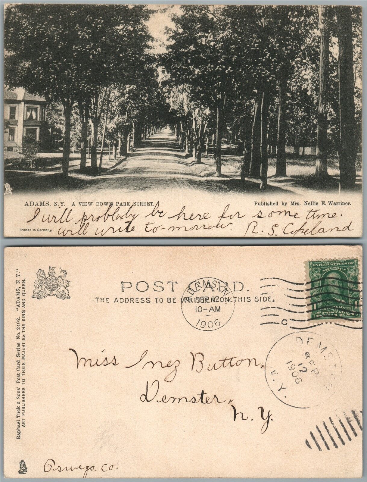 ADAMS N.Y. PARK STREET ANTIQUE UNDIVIDED 1906 POSTCARD