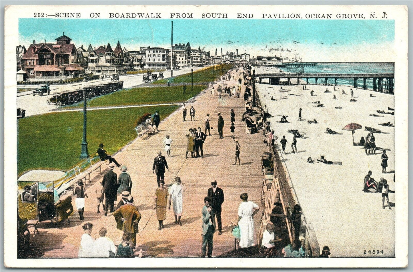 OCEAN GROVE N.J. SCENE ON BOARDWALK 1928 ANTIQUE POSTCARD