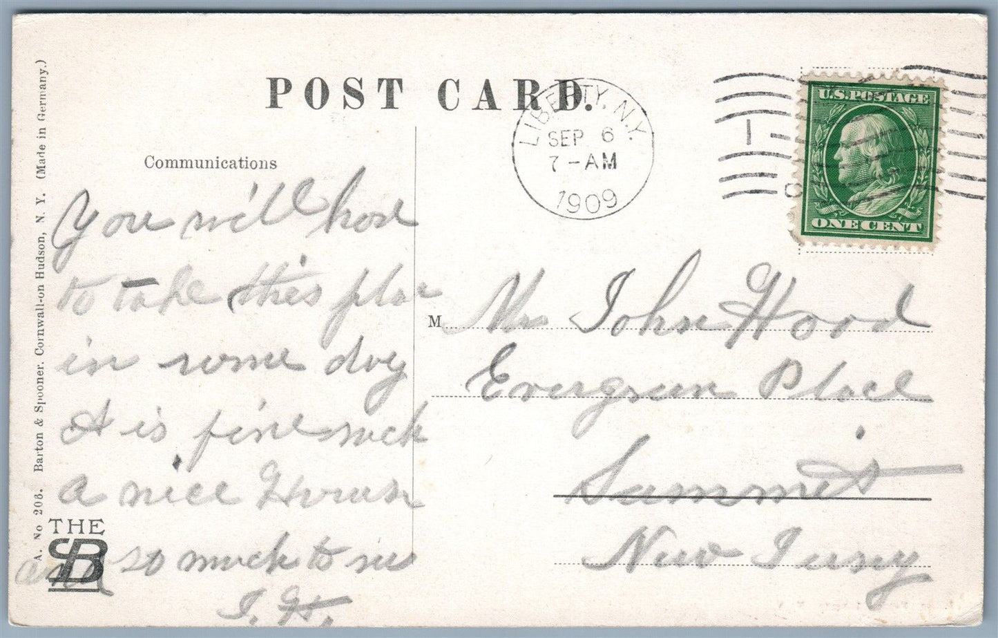 LIBERTY NY NORTH MAIN STREET 1909 ANTIQUE POSTCARD