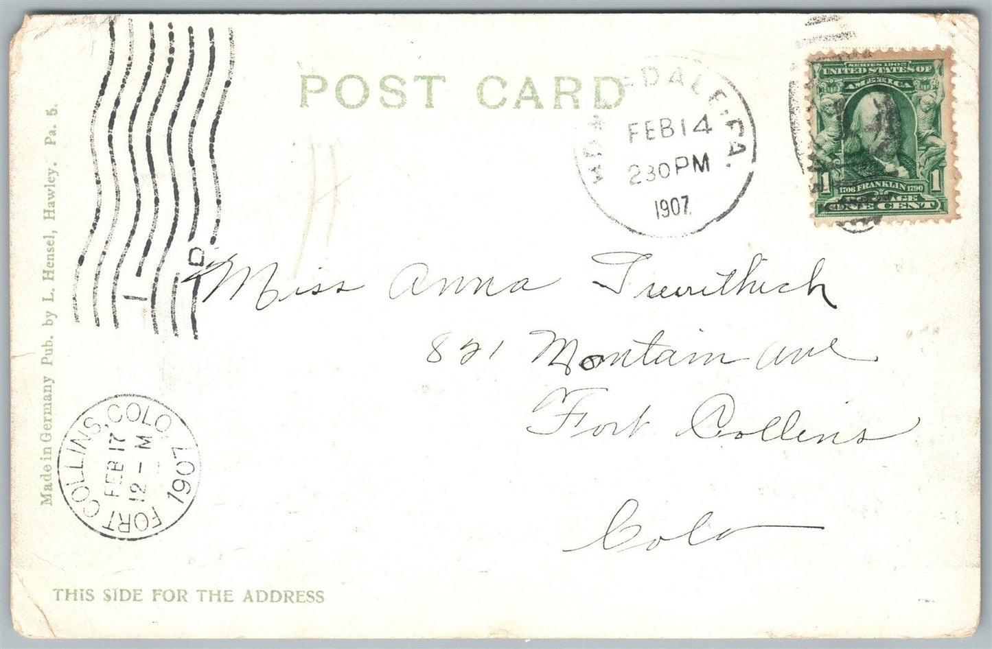 HONESDALE PA CHURCH STREET 1907 ANTIQUE POSTCARD