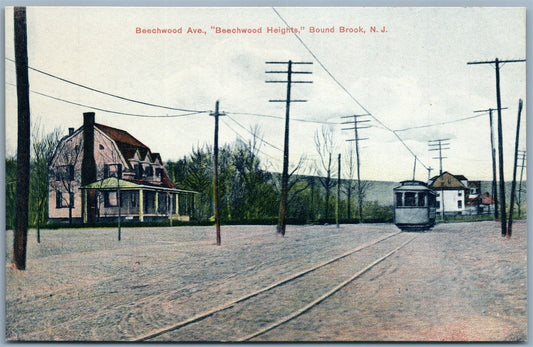 BOUND BROOK N.J. BEECHWOOD AVENUE ANTIQUE POSTCARD trolley railroad