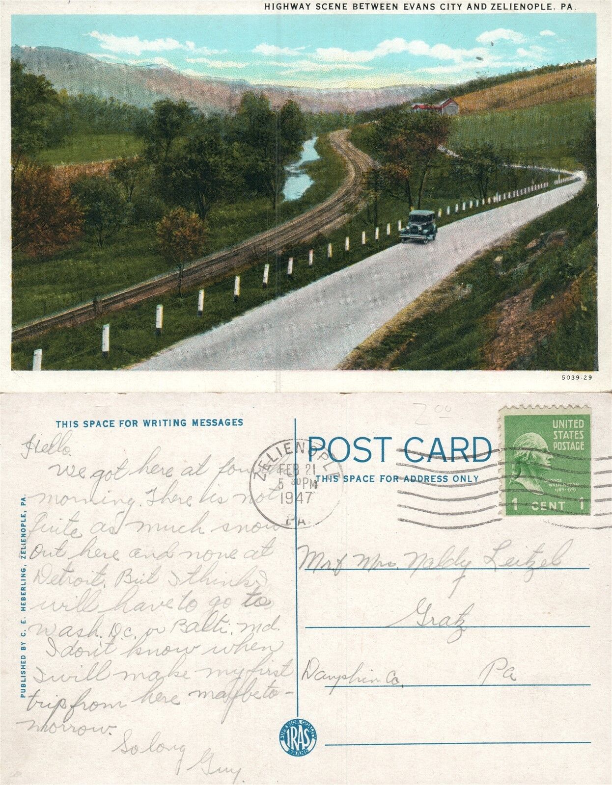 HIGHWAY BETWEEN EVANS CITY & ZELIENOPLE PA 1947 VINTAGE POSTCARD