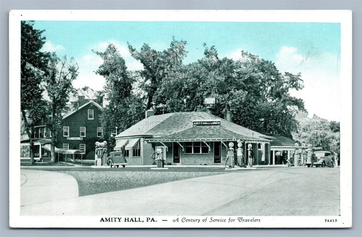 AMITY HALL PA GAS STATION VINTAGE POSTCARD