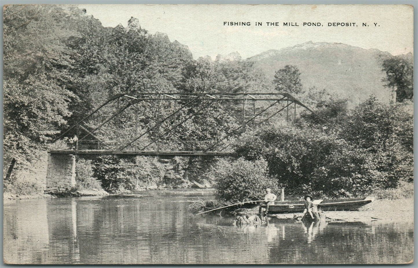 DEPOSIT NY FISHING IN MILL POND ANTIQUE POSTCARD