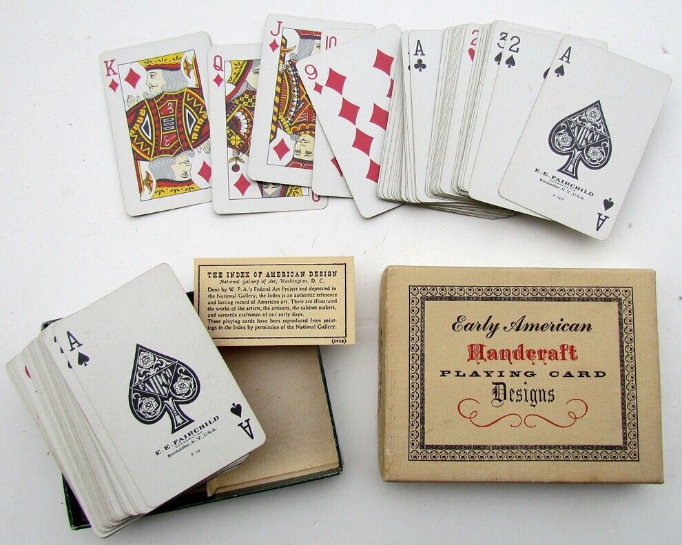 VINTAGE EARLY AMERICAN HANDCRAFT DESIGNS PLAYING CARDS DOUBLE DECK BOX