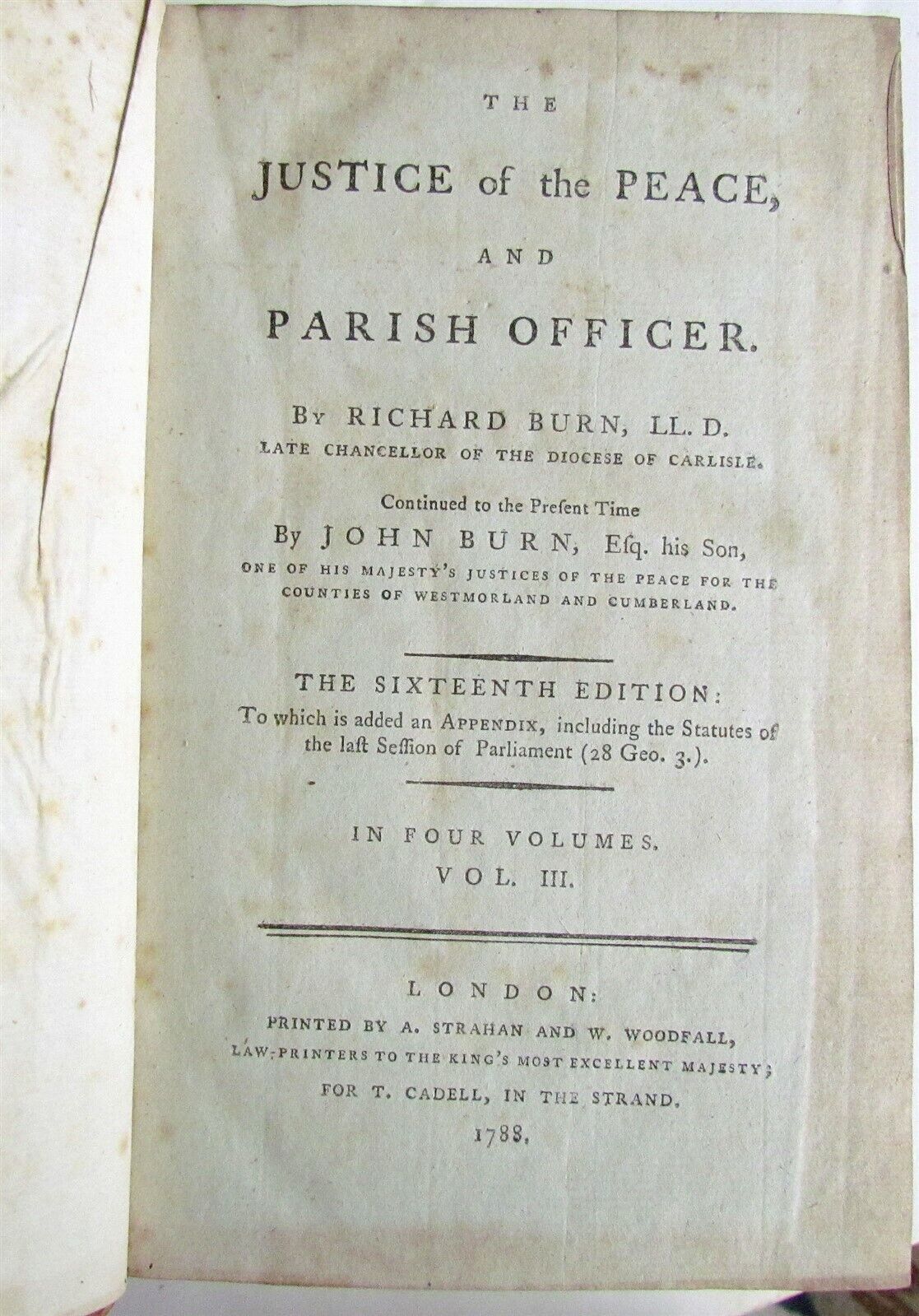 1788 4 VOLUMES JUSTICE of PEACE & PARISH OFFICER RUCHARD BURN LAW BOOKS ENGLISH