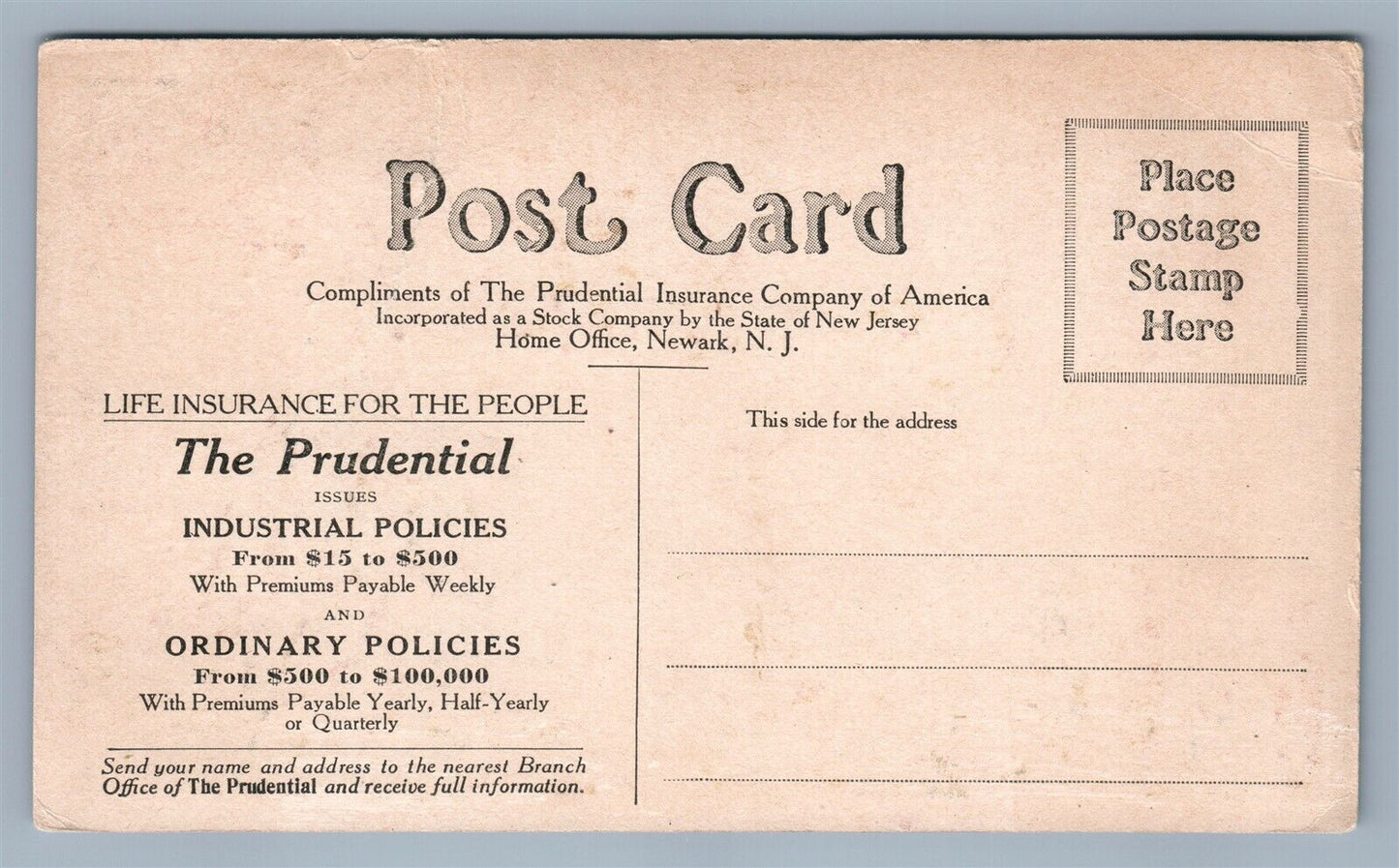 PRUDENTIAL LIFE INSURANCE ADVERTISING DELAWARE WATER GAP PA ANTIQUE POSTCARD