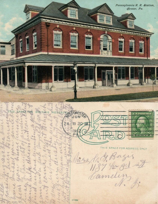 PENNSYLVANIA RAILROAD STATION CHESTER PA 1912 ANTIQUE POSTCARD railway depot