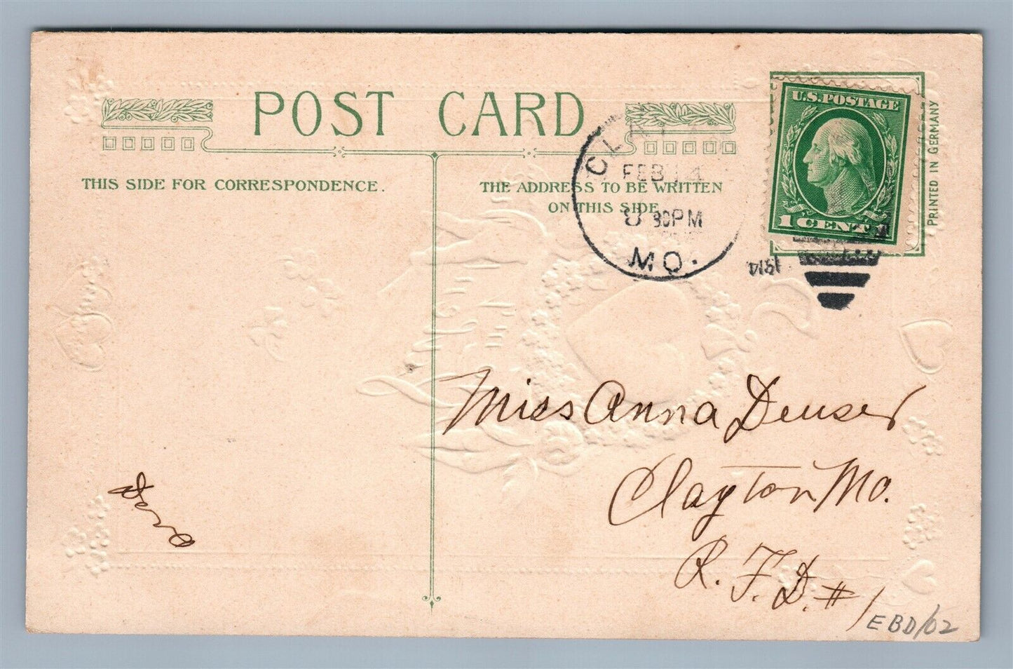 VALENTINE 1913 COPYRIGHT EMBOSSED ANTIQUE POSTCARD by JOHN WINSCH w/ cork cancel