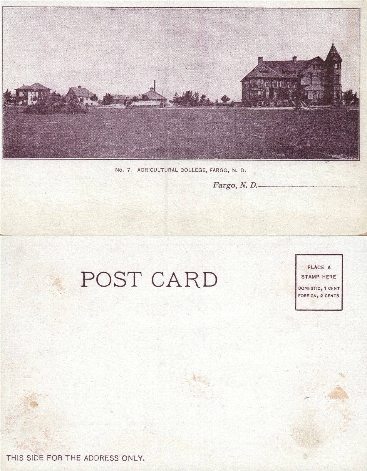 FARGO N.D. AGRICULTURAL COLLEGE UNDIVIDED ANTIQUE POSTCARD