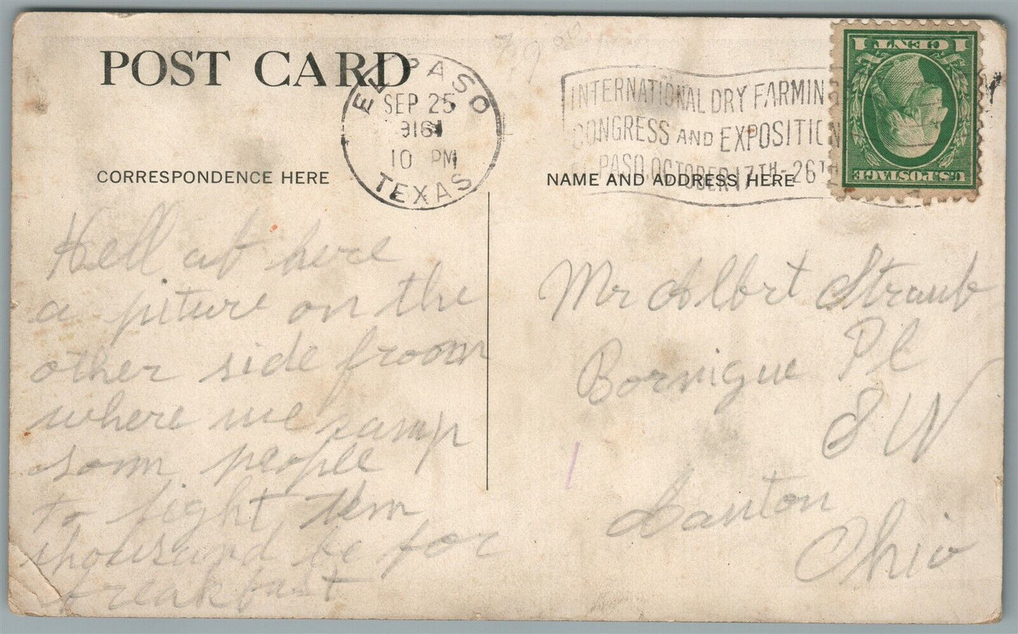 MEXICAN WAR ANTIQUE POSTCARD INT'L DRY FARMING CONGRESS & EXPO EL PASO TX CANCEL