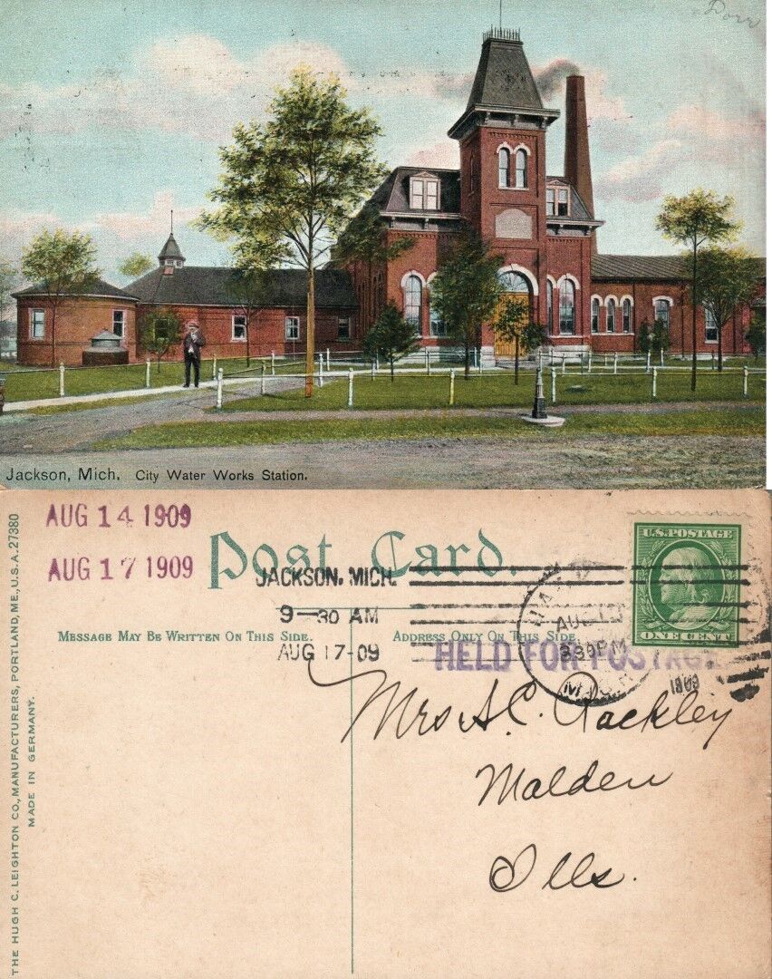 JACKSON MI CITY WATER WORKS STATION 1909 ANTIQUE ROMANTIC POSTCARD