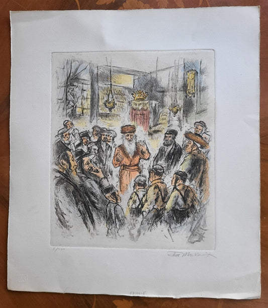 VINTAGE ORIGINAL HAND COLORED SIGNED ETCHING by IRA MOSKOWITZ Judaica