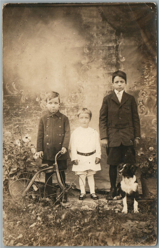 KIDS w/ DOG & BICYCLE ANTIQUE REAL PHOTO POSTCARD RPPC