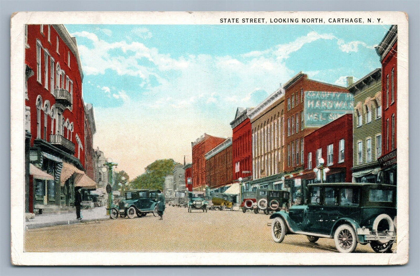 CARTHAGE NY STATE STREET LOOKING NORTH ANTIQUE POSTCARD w/ CARS