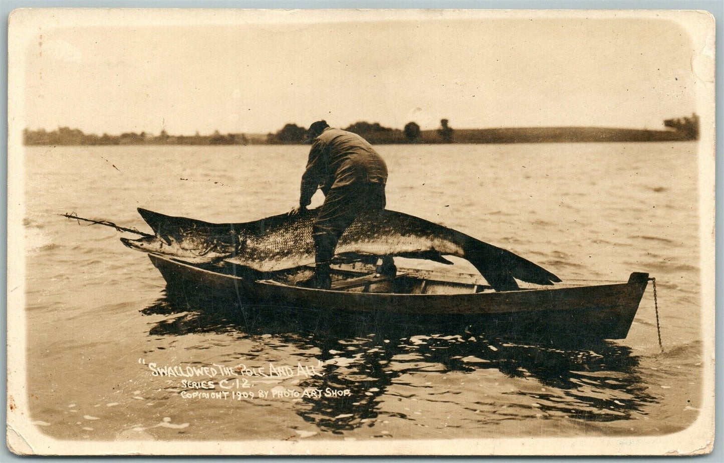 FISHING EXAGGERATED SWALLOWED THE POLE ANTIQUE 1910 REAL PHOTO POSTCARD RPPC