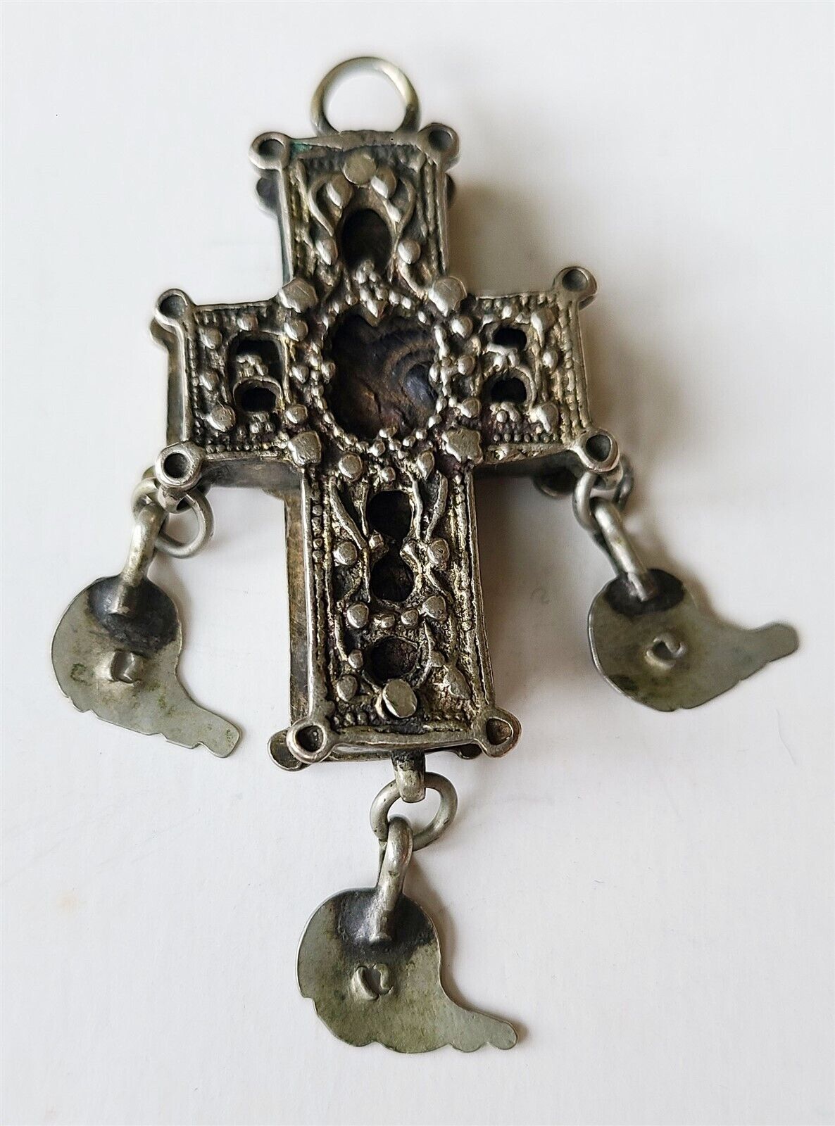 18th CENTURY GREEK ORTHODOX SILVER NECK CROSS antique icon w/ WOODEN INSERT rare