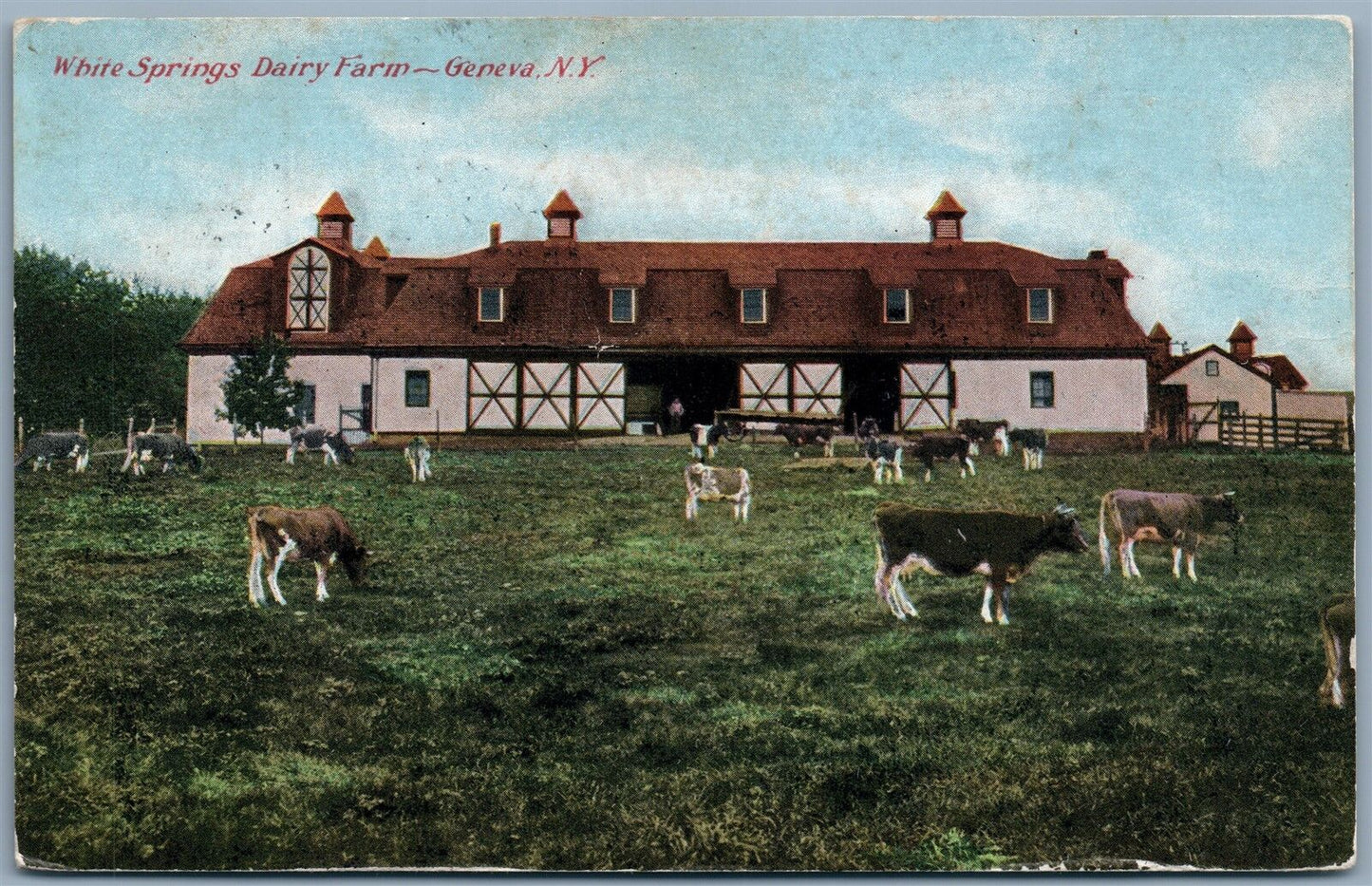 GENEVA NY WHITE SPRINGS DAIRY FARM 1909 ANTIQUE POSTCARD w/ CORK CANCEL
