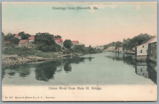 ELLSWORTH ME UNION RIVER FROM MAIN STREET BRIDGE ANTIQUE POSTCARD