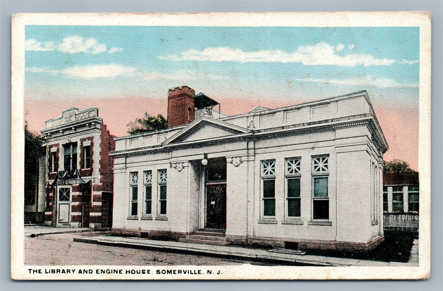 SOMERVILE NJ ENGINE HOUSE & LIBRARY ANTIQUE POSTCARD FIRE FIGHTING