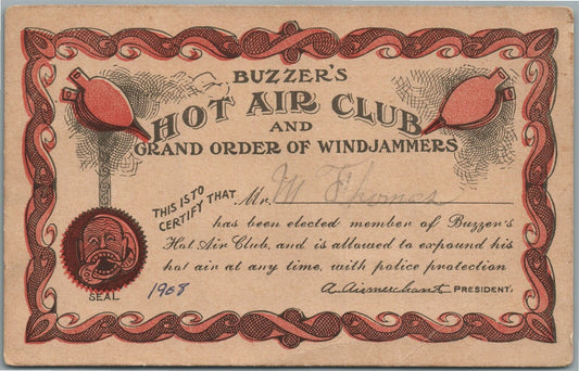 BUZZER'S HOT AIR CLUB GRAND ORDER OF WINDJAMMERS ANTIQUE POSTCARD