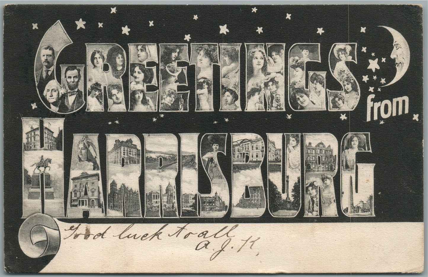 HARRISBURG PA PRETTY LADIES GREETINGS ANTIQUE POSTCARD
