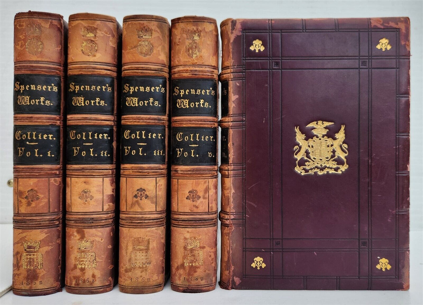 1862 WORKS of EDMUND SPENSER antique 5 VOLUMES DECORATIVE BINDING poetry