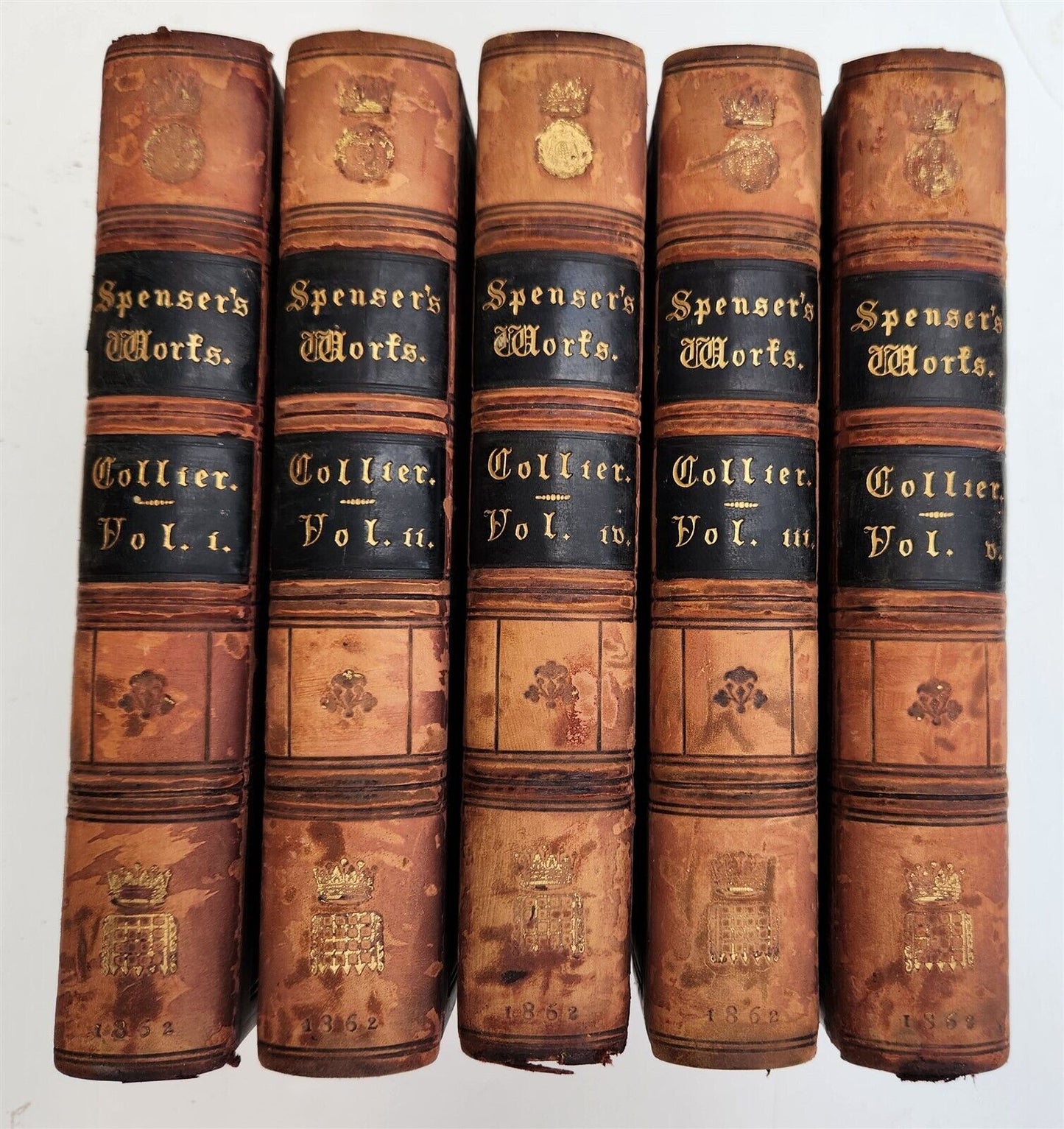 1862 WORKS of EDMUND SPENSER antique 5 VOLUMES DECORATIVE BINDING poetry