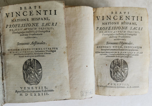 1573 SERMONS by San Vincenzo Ferrreri 2 VOLUMES antique 16th CENTURY in LATIN