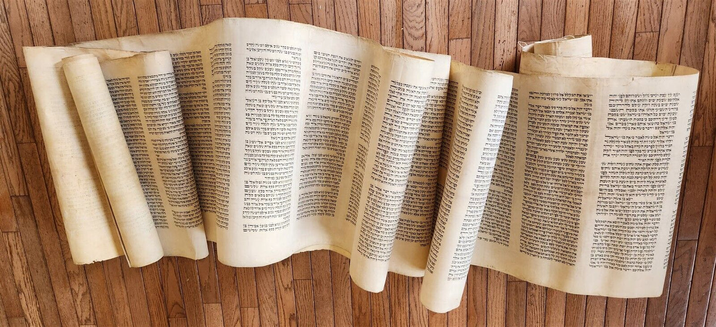 TORAH SCROLL LARGE FRAGMENT MANUSCRIPT on VELLUM antique BIBLE w/ MANTLE