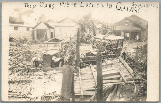 LORAIN OH CAR GARAGE LOCKED CARS DAMAGE SCENE ANTIQUE REAL PHOTO POSTCARD RPPC