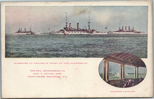WARSHIPS in FRONT of HOTEL CHAMBERLIN FORTRESS MONROE VA ANTIQUE POSTCARD