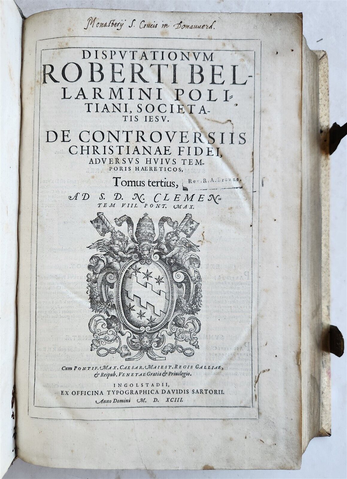 1593 DISPUTATIONES AGAINST HERETICS ROBERTI BELLARMINI antique PIGSKIN FOLIO v.3