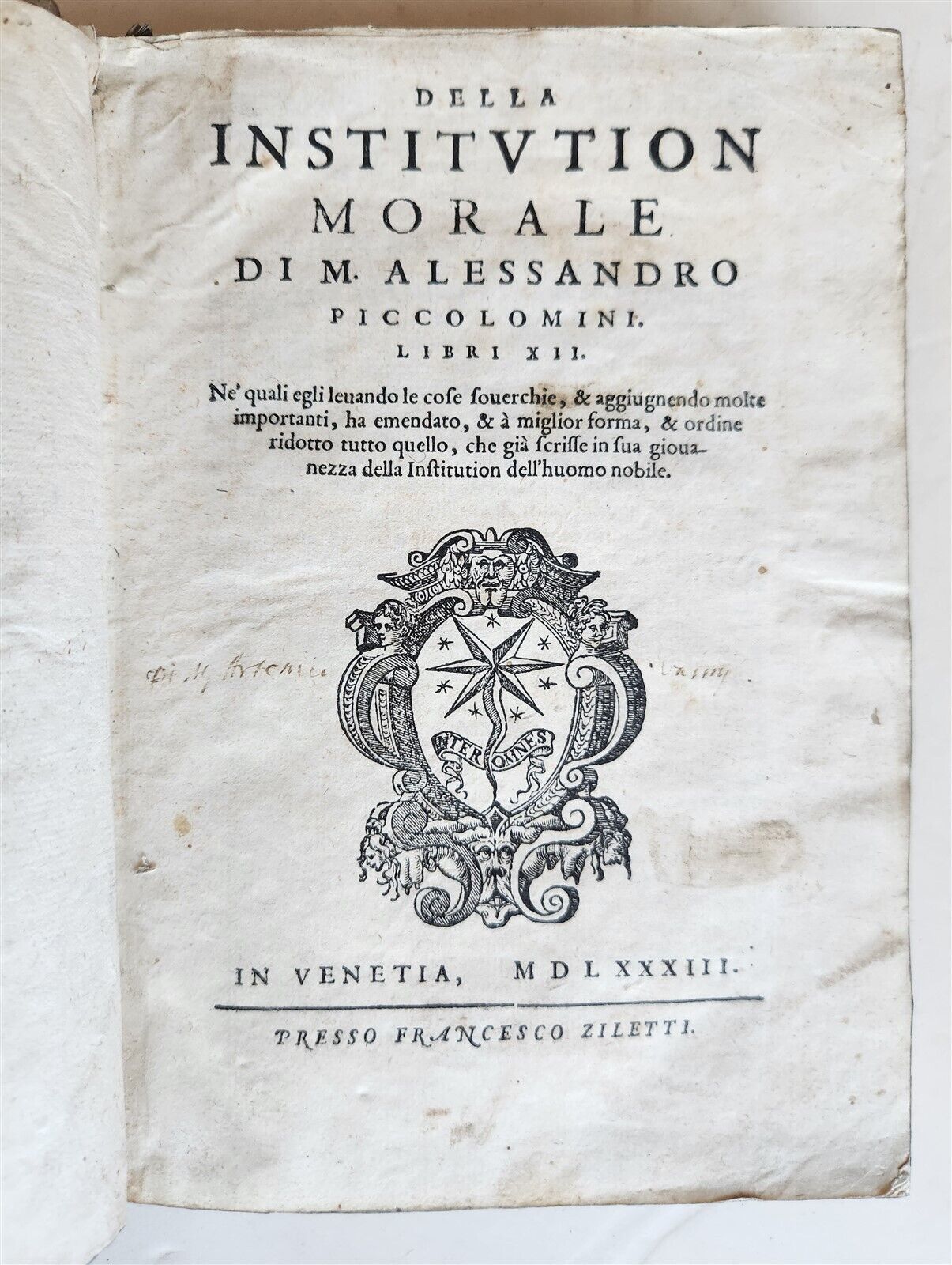 1583 DELLA INSTITUTION MORALE di M.ALESSANDRO PICCOLOMINI antique VELLUM BINDING