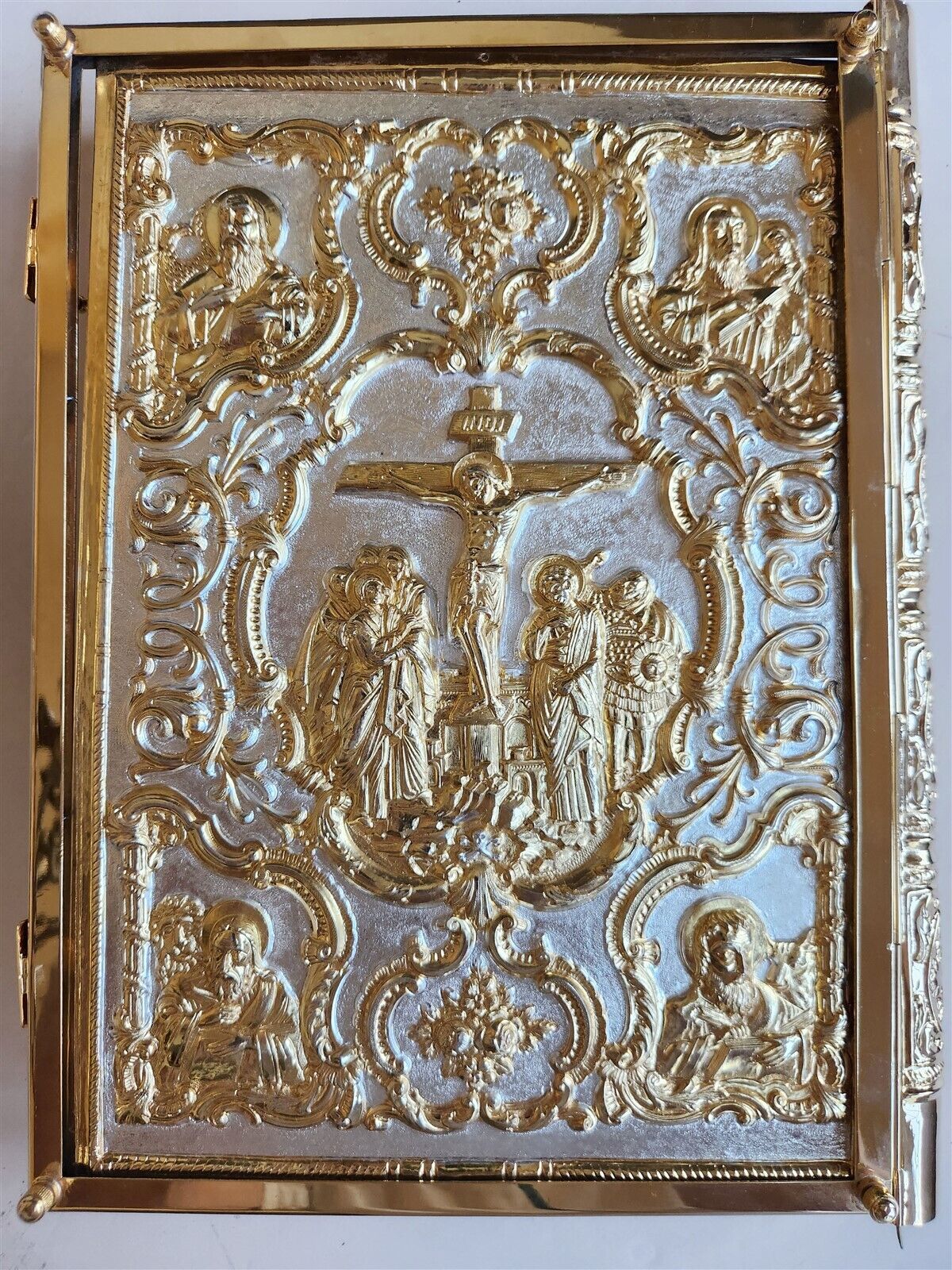 GREEK RUSSIAN ORTHODOX CHURCH GOSPEL GILT BRASS COVERS folio VINTAGE Bible